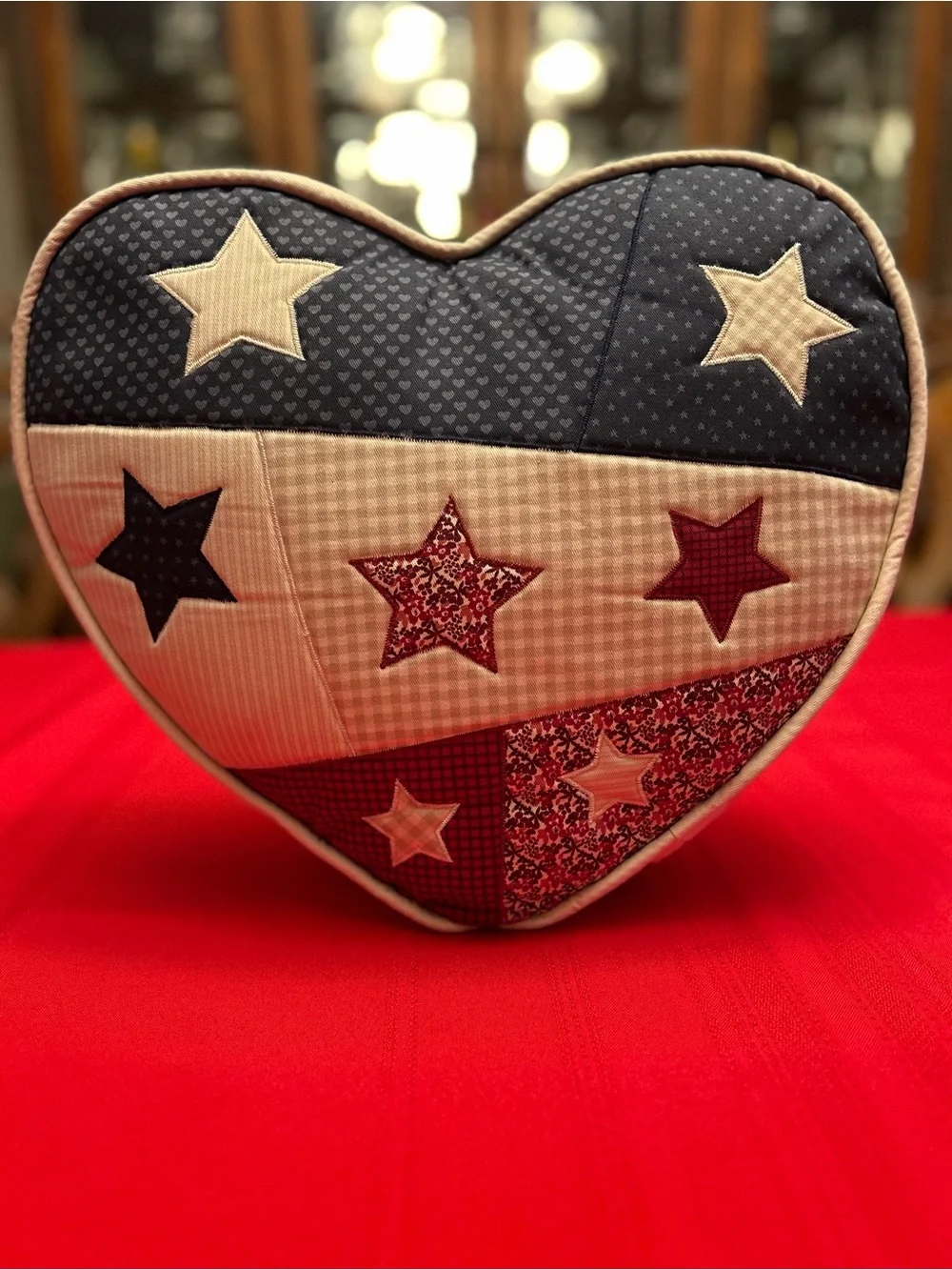 Patriotic Heart Throw Pillow with Star Patchwork - Burgundy, Cream and Navy